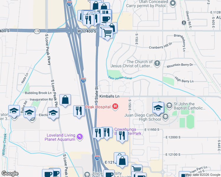 map of restaurants, bars, coffee shops, grocery stores, and more near 11715 State Street in Draper