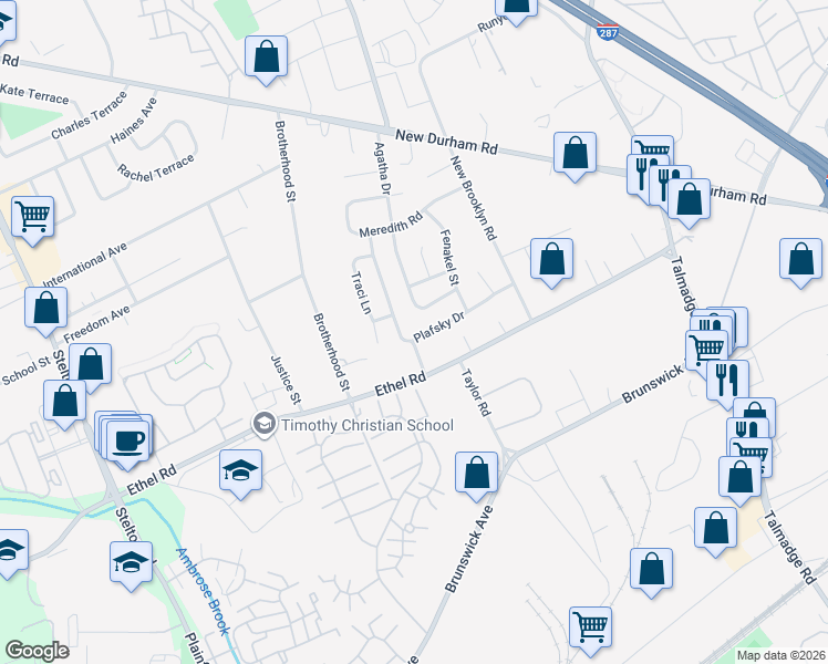 map of restaurants, bars, coffee shops, grocery stores, and more near 31 Plafsky Drive in Edison