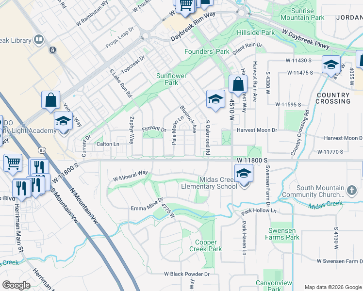map of restaurants, bars, coffee shops, grocery stores, and more near 11746 Sun Tea Way in South Jordan