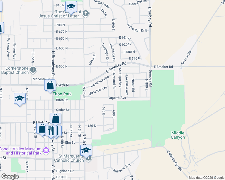 map of restaurants, bars, coffee shops, grocery stores, and more near 347 Overland Road in Tooele