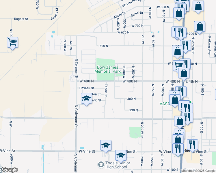 map of restaurants, bars, coffee shops, grocery stores, and more near 370 Tahoe Street in Tooele