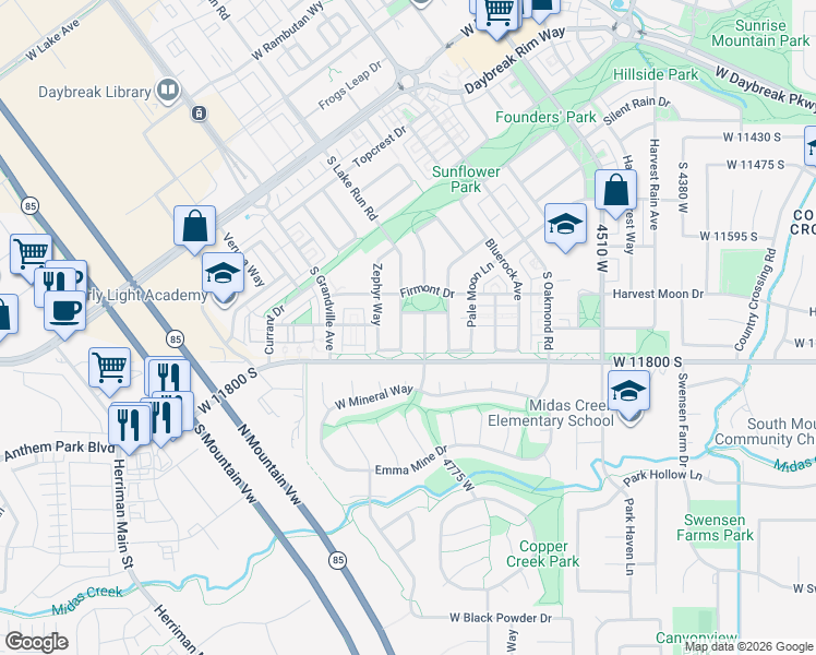 map of restaurants, bars, coffee shops, grocery stores, and more near 11772 Lake Run Road in South Jordan