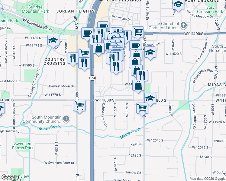 map of restaurants, bars, coffee shops, grocery stores, and more near 11747 Siracus Drive in South Jordan
