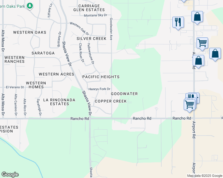 map of restaurants, bars, coffee shops, grocery stores, and more near Goodwater Avenue & Henrys Fork Drive in Redding