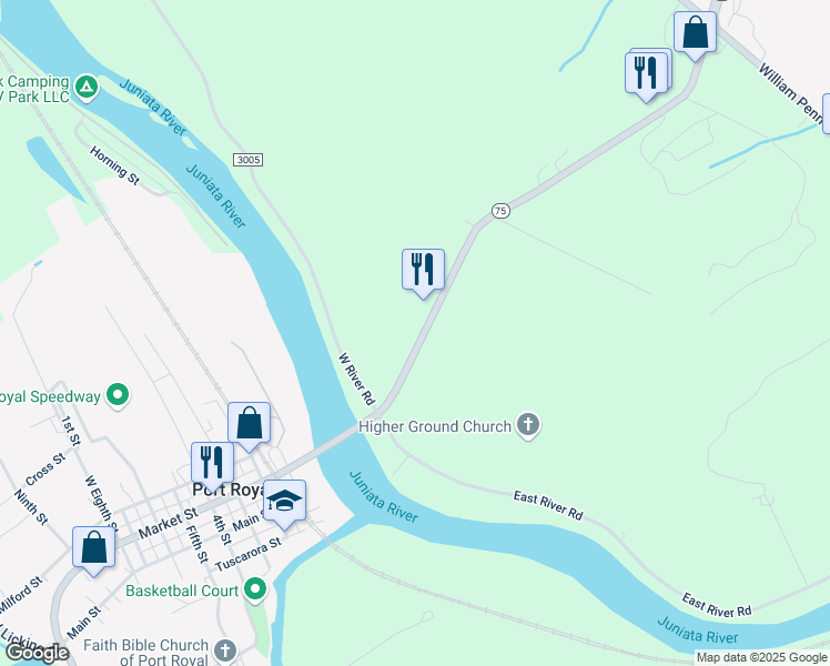 map of restaurants, bars, coffee shops, grocery stores, and more near 26493 Route 75 North in Mifflintown