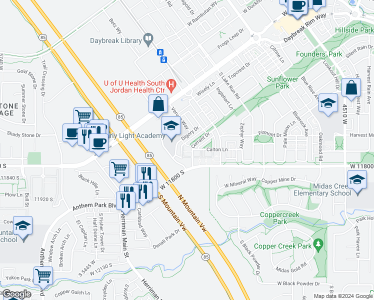 map of restaurants, bars, coffee shops, grocery stores, and more near 5070 11800 South in South Jordan