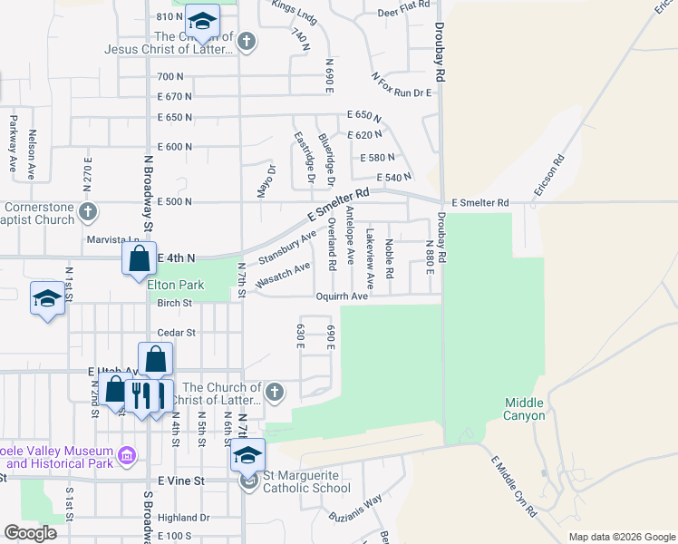 map of restaurants, bars, coffee shops, grocery stores, and more near 347 Overland Road in Tooele