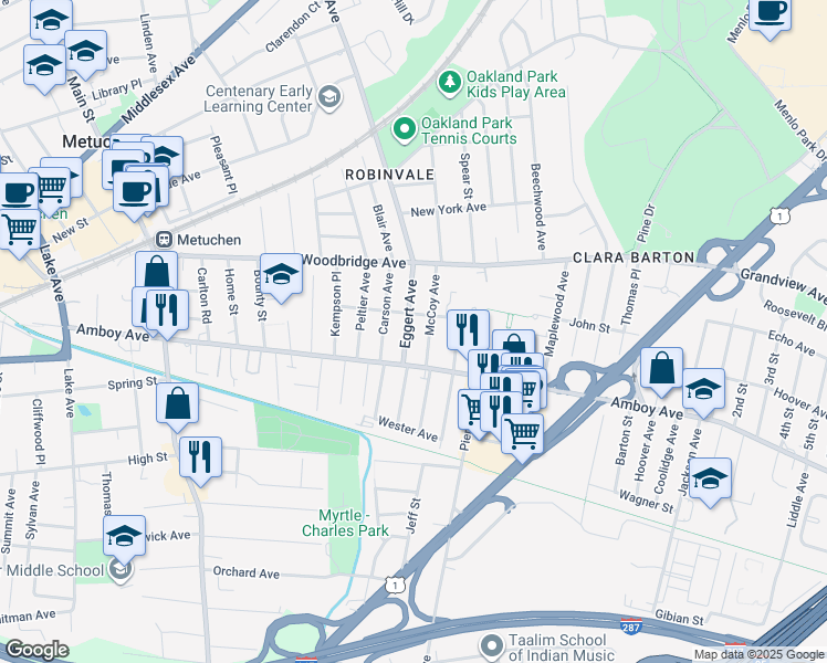 map of restaurants, bars, coffee shops, grocery stores, and more near 19 McCoy Avenue in Metuchen