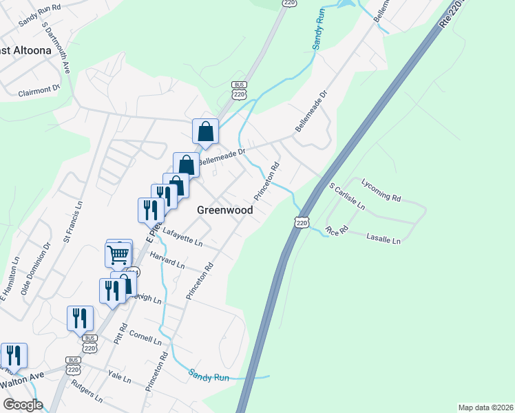 map of restaurants, bars, coffee shops, grocery stores, and more near Scarlett Lane in Altoona