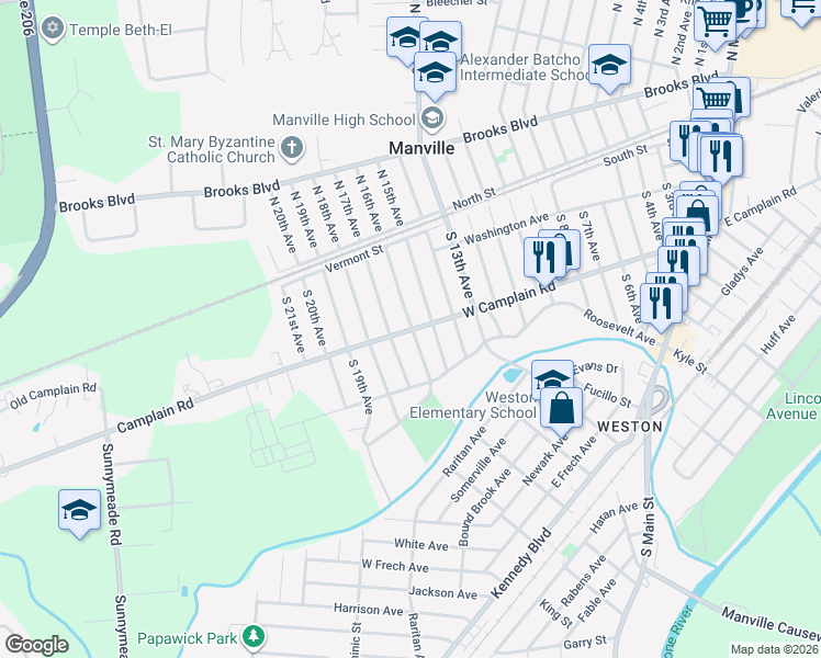 map of restaurants, bars, coffee shops, grocery stores, and more near 198 South 16th Avenue in Manville