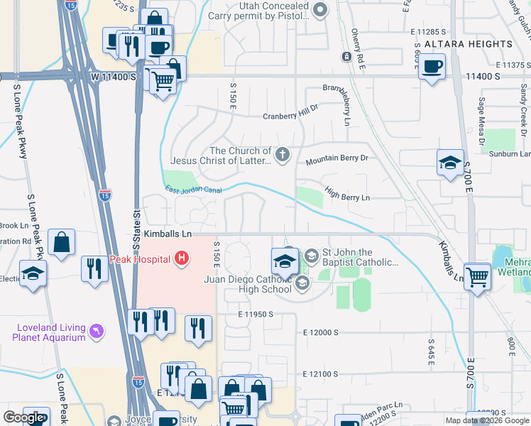 map of restaurants, bars, coffee shops, grocery stores, and more near 11743 Silver Spur Lane in Draper