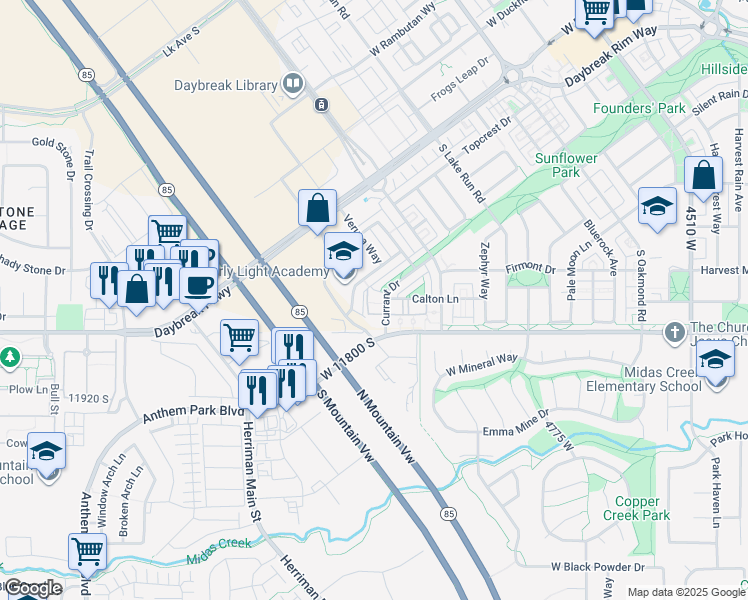 map of restaurants, bars, coffee shops, grocery stores, and more near 11738 Currant Drive in South Jordan