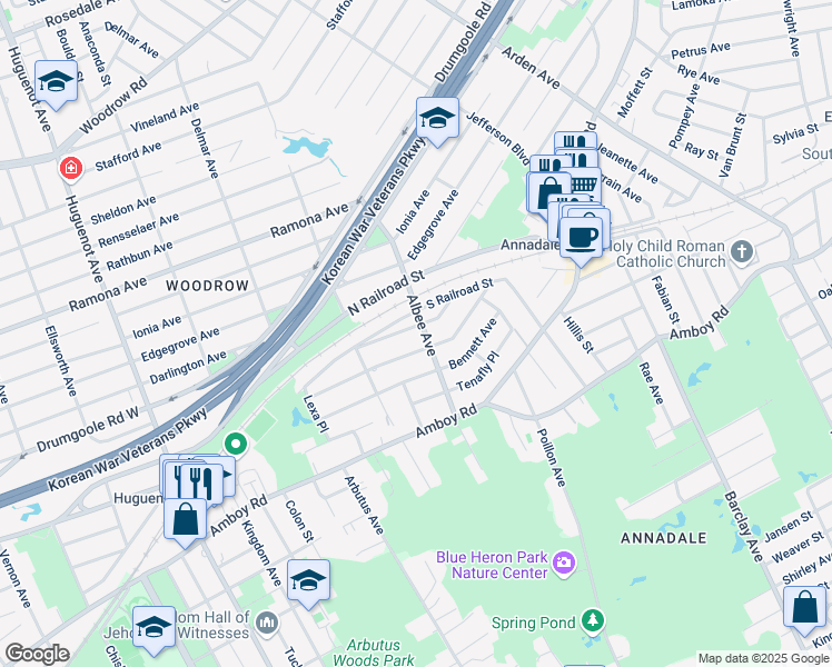 map of restaurants, bars, coffee shops, grocery stores, and more near 129 Downes Avenue in Staten Island