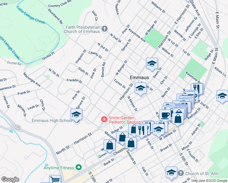 map of restaurants, bars, coffee shops, grocery stores, and more near 631 West Greenleaf Street in Emmaus