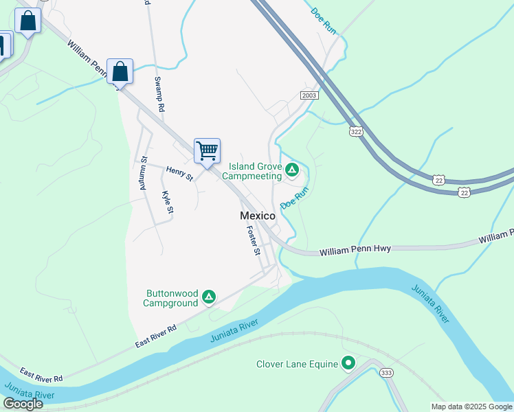 map of restaurants, bars, coffee shops, grocery stores, and more near 6713 William Penn Highway in Mifflintown