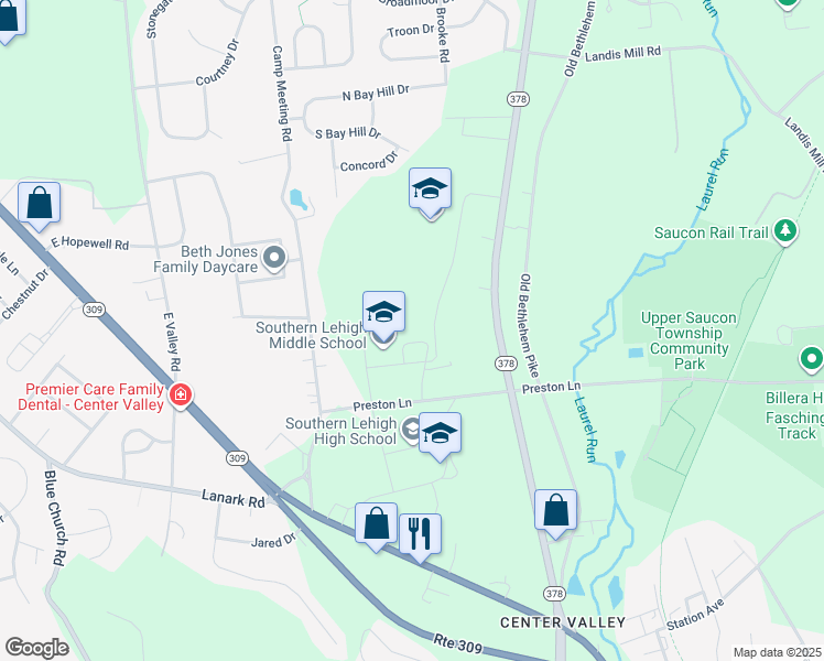 map of restaurants, bars, coffee shops, grocery stores, and more near 3715 Preston Lane in Lehigh County