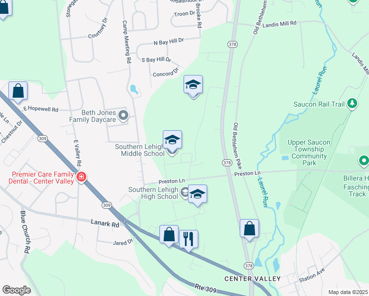 map of restaurants, bars, coffee shops, grocery stores, and more near 3715 Preston Lane in Lehigh County