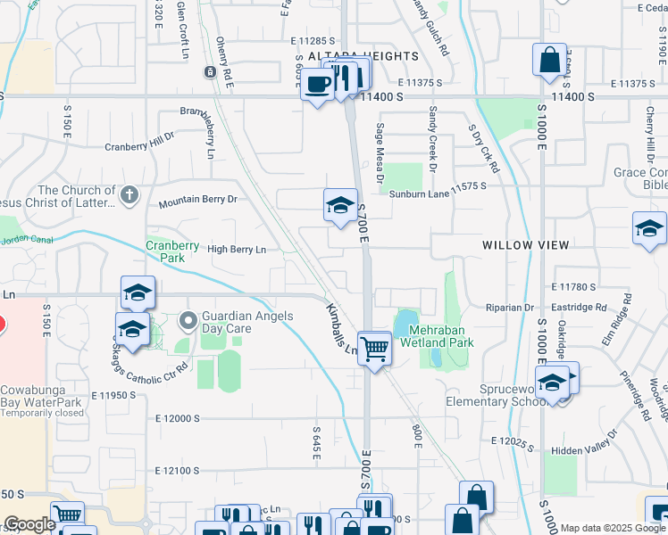 map of restaurants, bars, coffee shops, grocery stores, and more near 633 South Long Shadow Drive in Draper