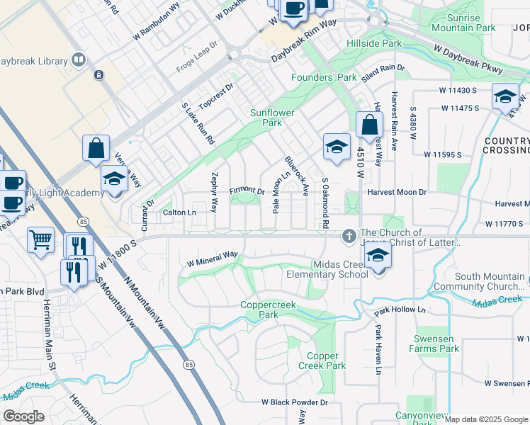 map of restaurants, bars, coffee shops, grocery stores, and more near 11739 Copper Sky Drive in South Jordan