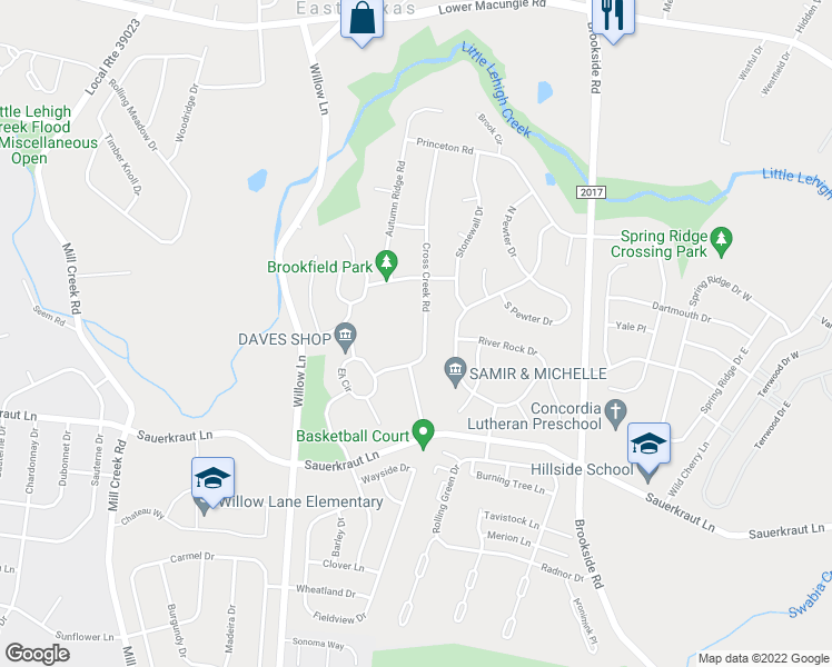 map of restaurants, bars, coffee shops, grocery stores, and more near 2406 Cross Creek Road in Macungie