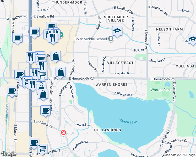 map of restaurants, bars, coffee shops, grocery stores, and more near E Horsetooth Rd & Stover St in Fort Collins