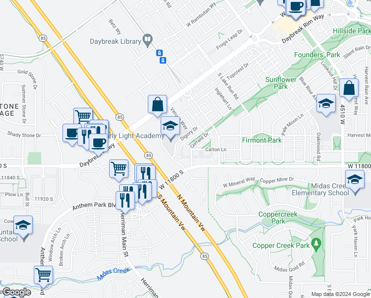 map of restaurants, bars, coffee shops, grocery stores, and more near 11738 Currant Drive in South Jordan