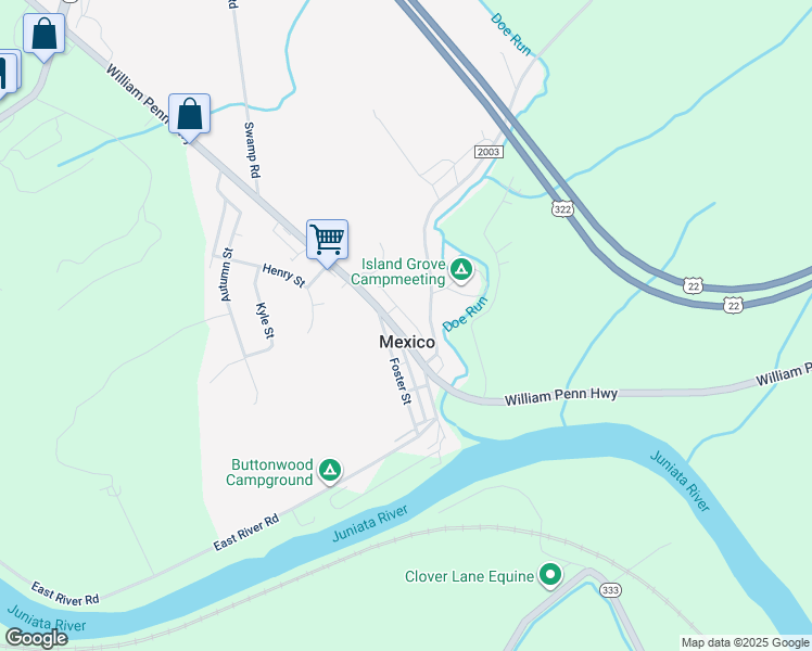map of restaurants, bars, coffee shops, grocery stores, and more near 6713 William Penn Highway in Mifflintown
