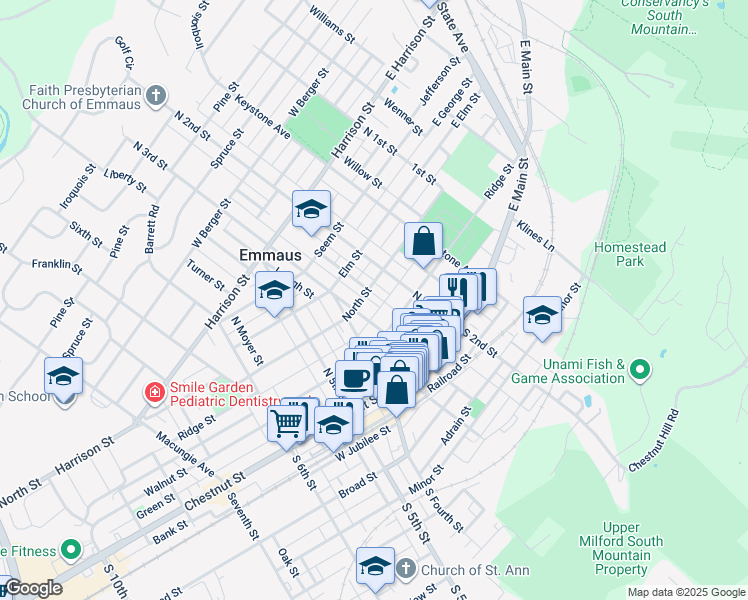 map of restaurants, bars, coffee shops, grocery stores, and more near 239 Ridge Street in Emmaus