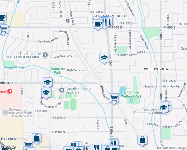 map of restaurants, bars, coffee shops, grocery stores, and more near 11743 South Nigel Peak Lane in Draper