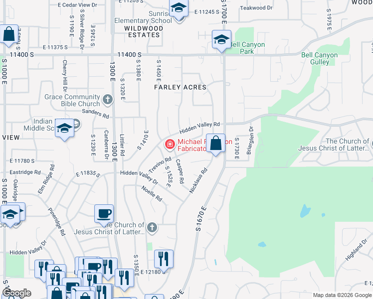map of restaurants, bars, coffee shops, grocery stores, and more near 1576 Trevino Road in Sandy