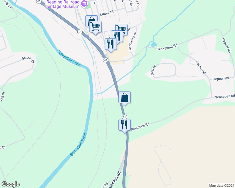 map of restaurants, bars, coffee shops, grocery stores, and more near 16617 Pottsville Pike in Hamburg