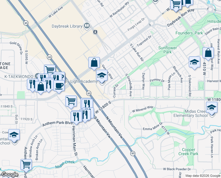 map of restaurants, bars, coffee shops, grocery stores, and more near 5070 11800 South in South Jordan