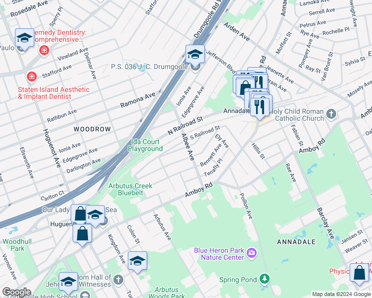 map of restaurants, bars, coffee shops, grocery stores, and more near 129 Downes Avenue in Staten Island