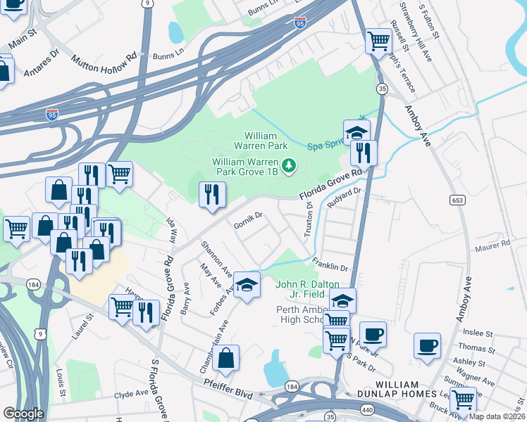 map of restaurants, bars, coffee shops, grocery stores, and more near 881 Rowson Avenue in Perth Amboy