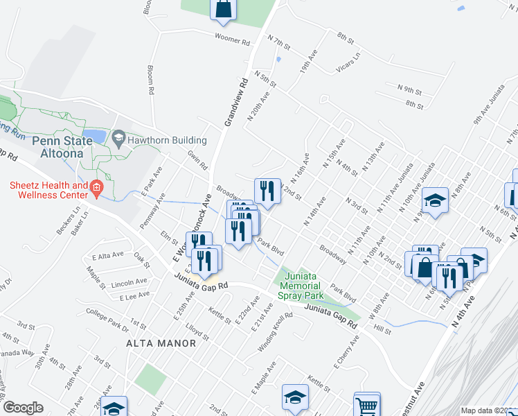 map of restaurants, bars, coffee shops, grocery stores, and more near 2407 Horner Drive in Altoona