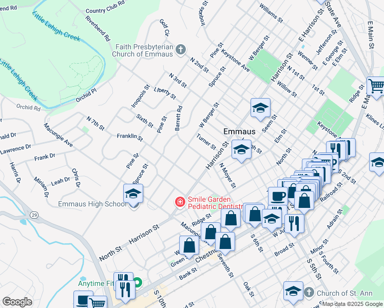 map of restaurants, bars, coffee shops, grocery stores, and more near 631 West Greenleaf Street in Emmaus