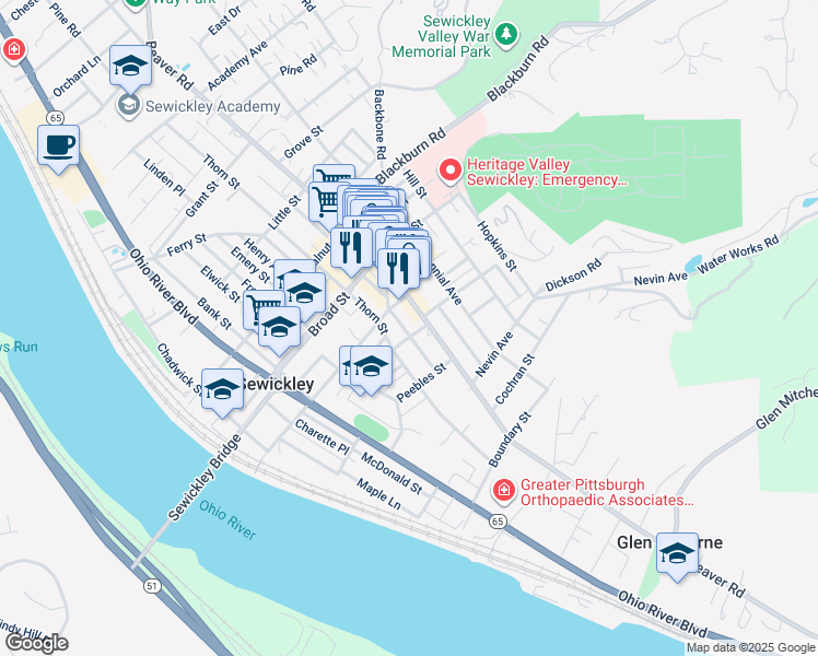 map of restaurants, bars, coffee shops, grocery stores, and more near 701 Thorn Street in Sewickley