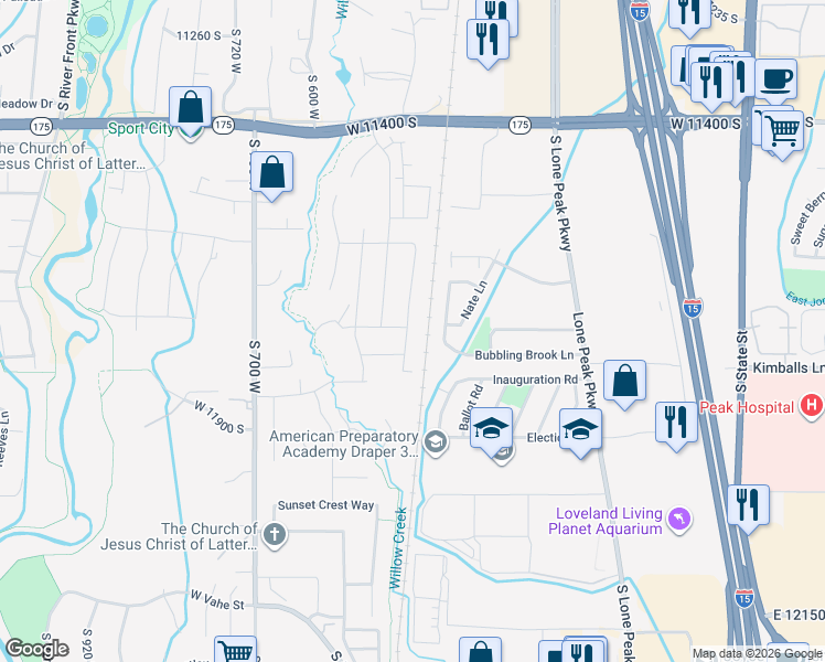 map of restaurants, bars, coffee shops, grocery stores, and more near 11737 South Halls Creek Road in Draper