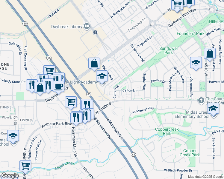 map of restaurants, bars, coffee shops, grocery stores, and more near 11738 Currant Drive in South Jordan