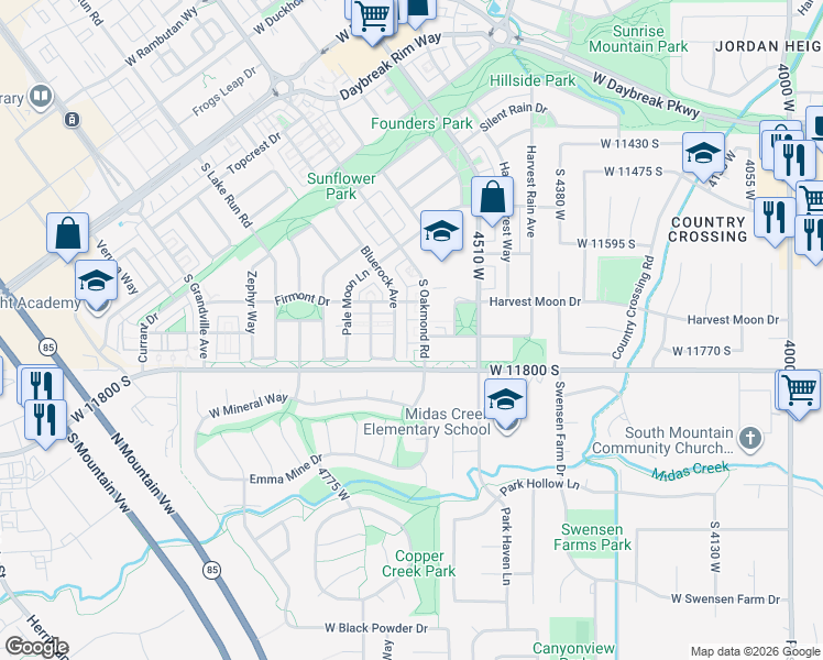 map of restaurants, bars, coffee shops, grocery stores, and more near 11762 Oakmond Road in South Jordan