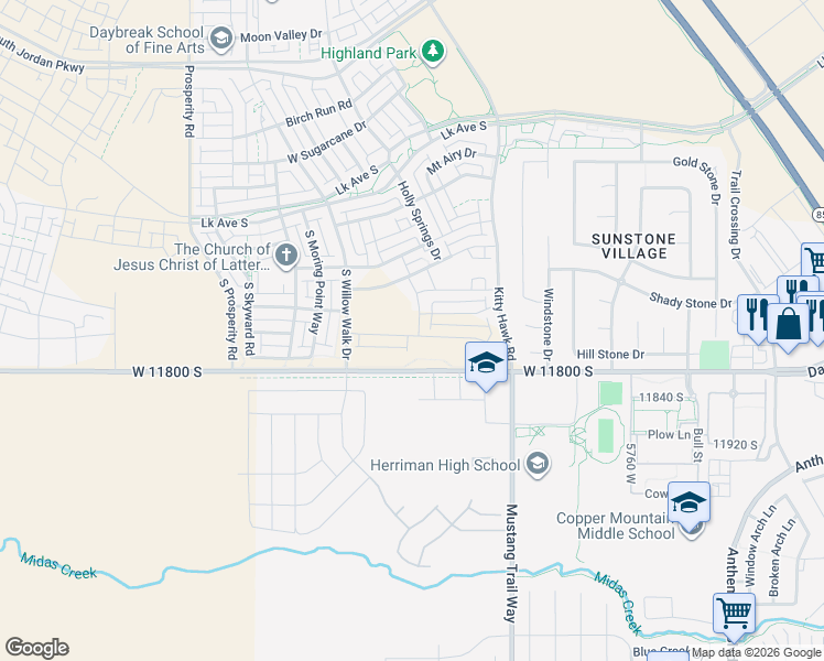 map of restaurants, bars, coffee shops, grocery stores, and more near 11734 South Gannett Way in South Jordan