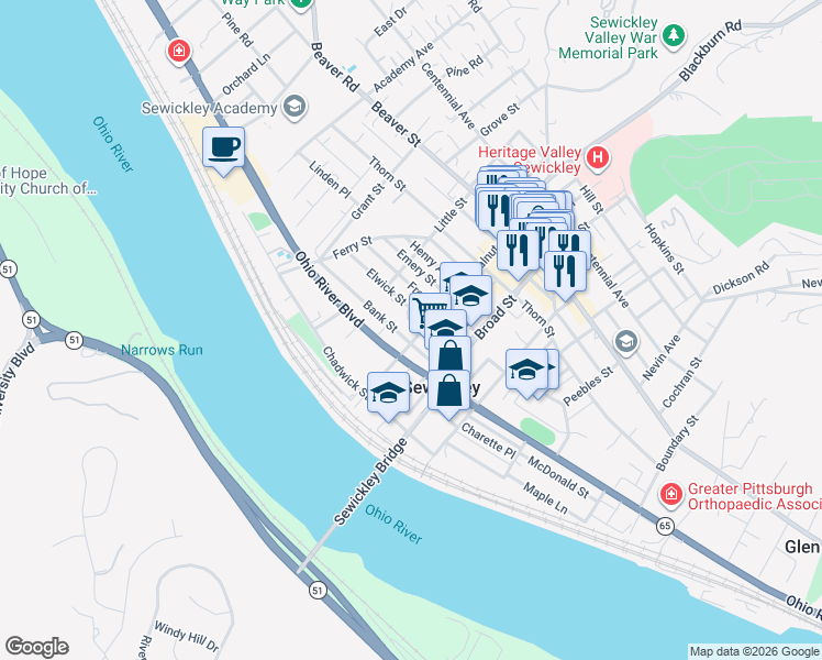 map of restaurants, bars, coffee shops, grocery stores, and more near 347 Bank Street in Sewickley