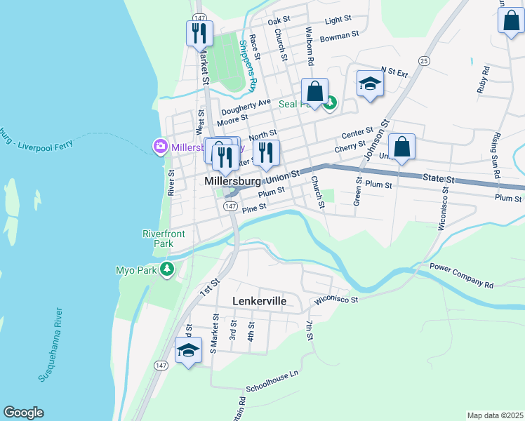 map of restaurants, bars, coffee shops, grocery stores, and more near 274 Pine Street in Millersburg