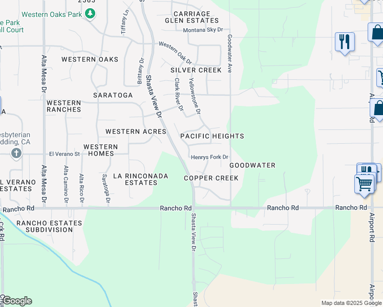map of restaurants, bars, coffee shops, grocery stores, and more near 2914 Henrys Fork Drive in Redding