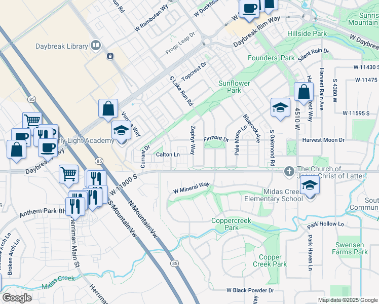 map of restaurants, bars, coffee shops, grocery stores, and more near 4903 Calton Lane in South Jordan