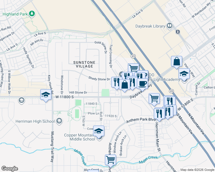 map of restaurants, bars, coffee shops, grocery stores, and more near 5596 11800 South in South Jordan