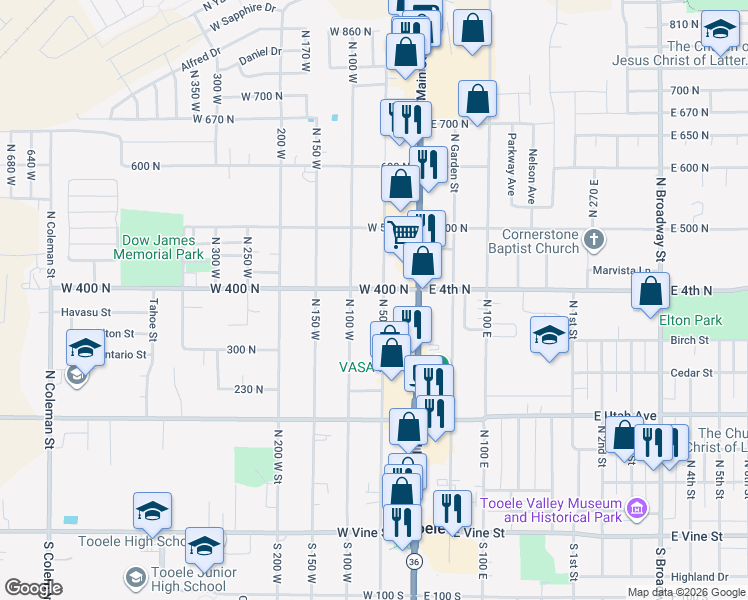 map of restaurants, bars, coffee shops, grocery stores, and more near 346 North 100 West in Tooele