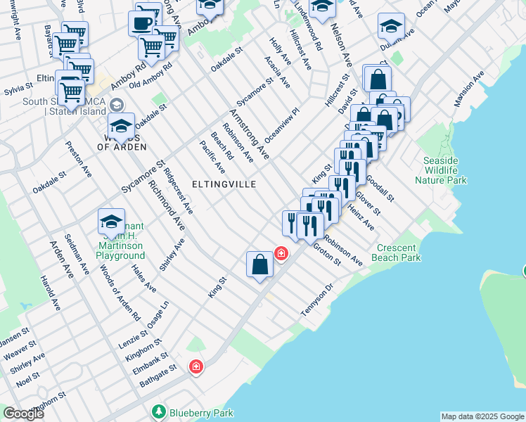 map of restaurants, bars, coffee shops, grocery stores, and more near 185 Thornycroft Avenue in Staten Island