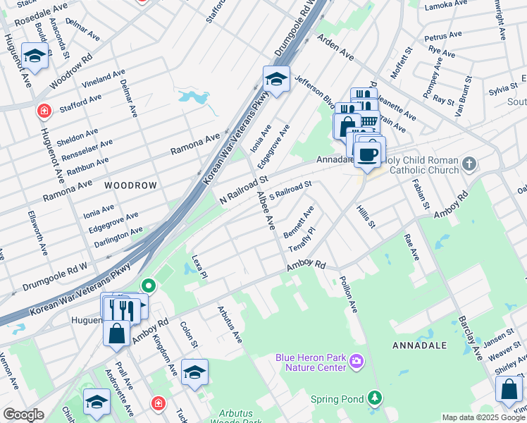 map of restaurants, bars, coffee shops, grocery stores, and more near 129 Downes Avenue in Staten Island