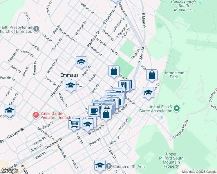 map of restaurants, bars, coffee shops, grocery stores, and more near 213 Green Street in Emmaus